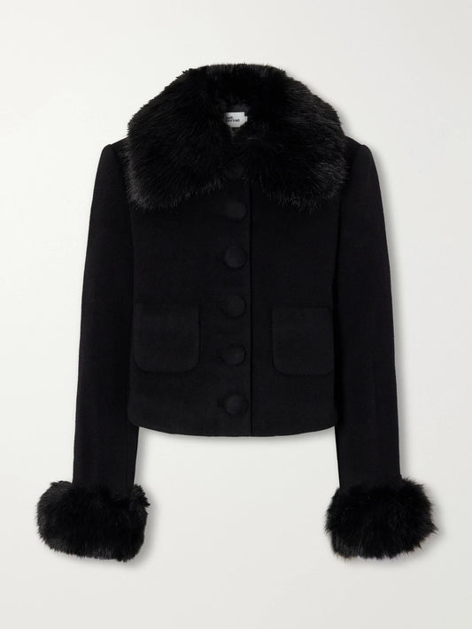 Self-Portrait Cropped Plush-trimmed Wool-blend Jacket