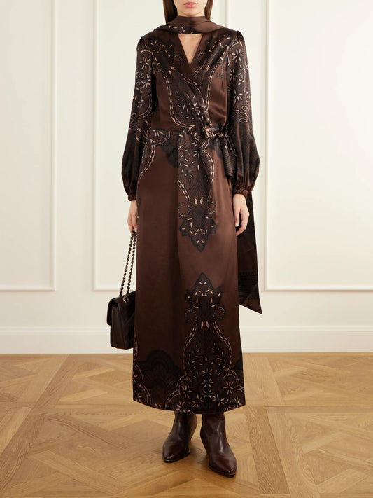 Image of Dresses. Product name - Scarf-detailed Belted Printed Silk-satin Maxi Dress in Chocolate colour by brand - Johanna Ortiz