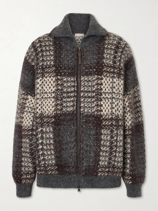 Image of Coats & Jackets. Product name - Sequin-embellished Checked Woven Jacket in Gray colour by brand - Brunello Cucinelli
