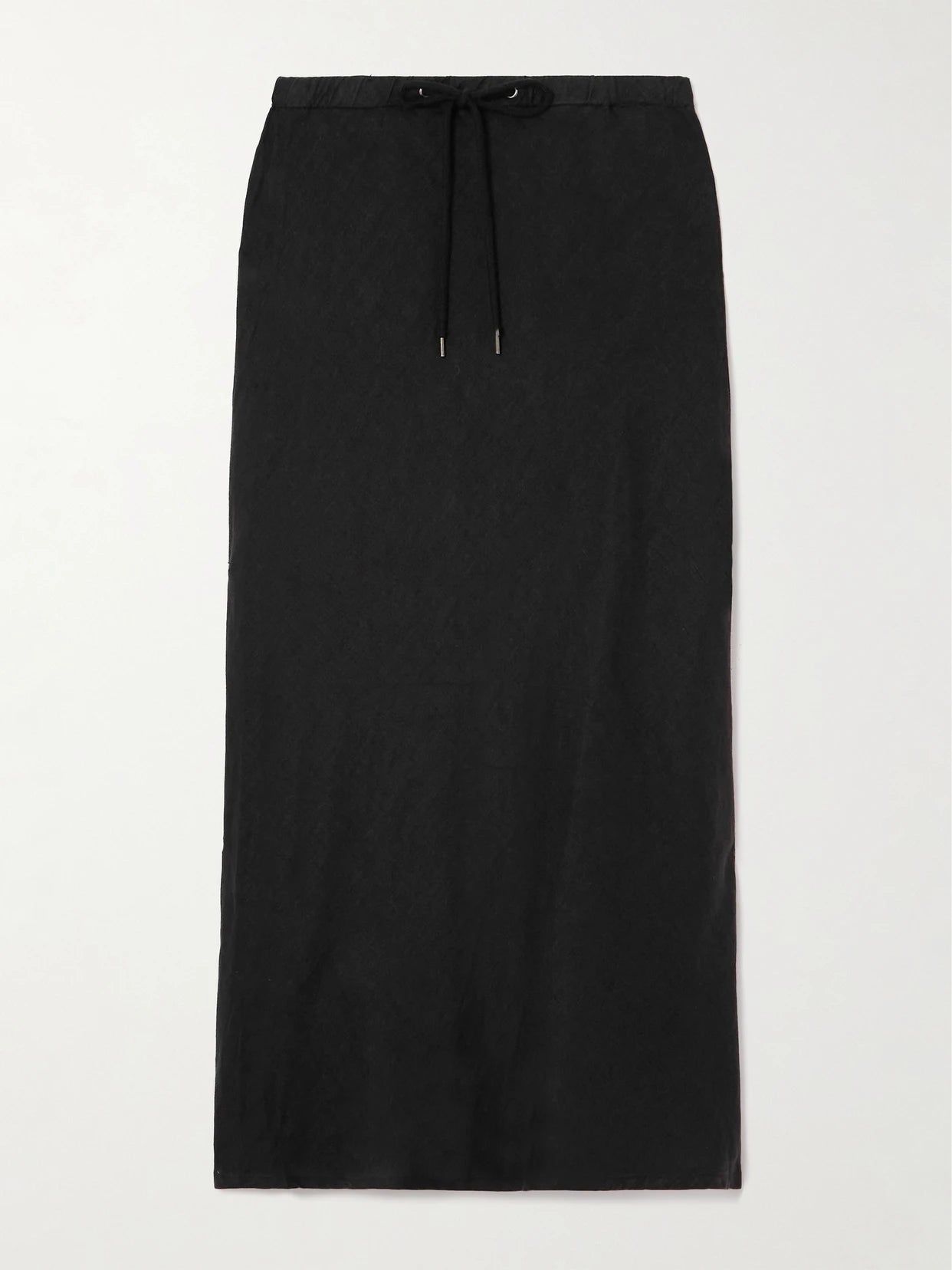 Image of a model wearing Skirts. Product name - Surfside Asymmetric Linen Skirt in Black colour by brand - James Perse