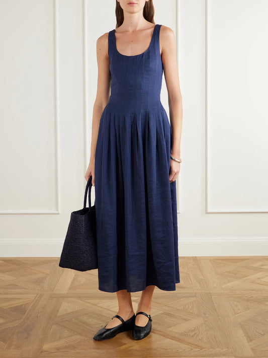 Image of Dresses. Product name - Pleated Linen-blend Midi Dress in Navy colour by brand - La Ligne