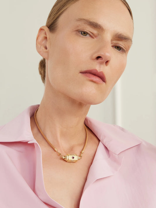 Image of Necklaces. Product name - Love You Locket 18-karat Yellow And White Gold, Ruby, Diamond And Leather Necklace in Multi colour by brand - Marie Lichtenberg