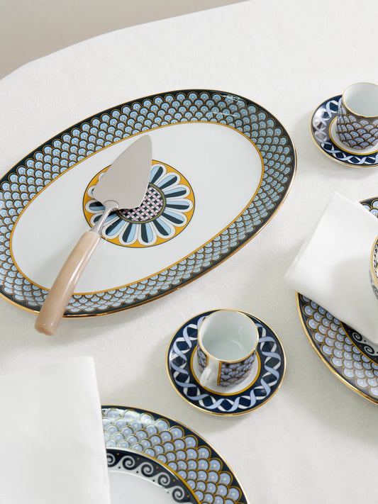 Image of Tableware. Product name - Oval Gold-plated Porcelain Platter in Blue colour by brand - La DoubleJ