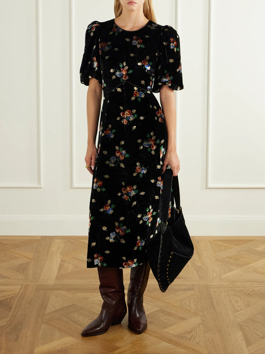 Image of Dresses. Product name - Leda Floral-patterned Velvet Midi Dress in Black colour by brand - Sea