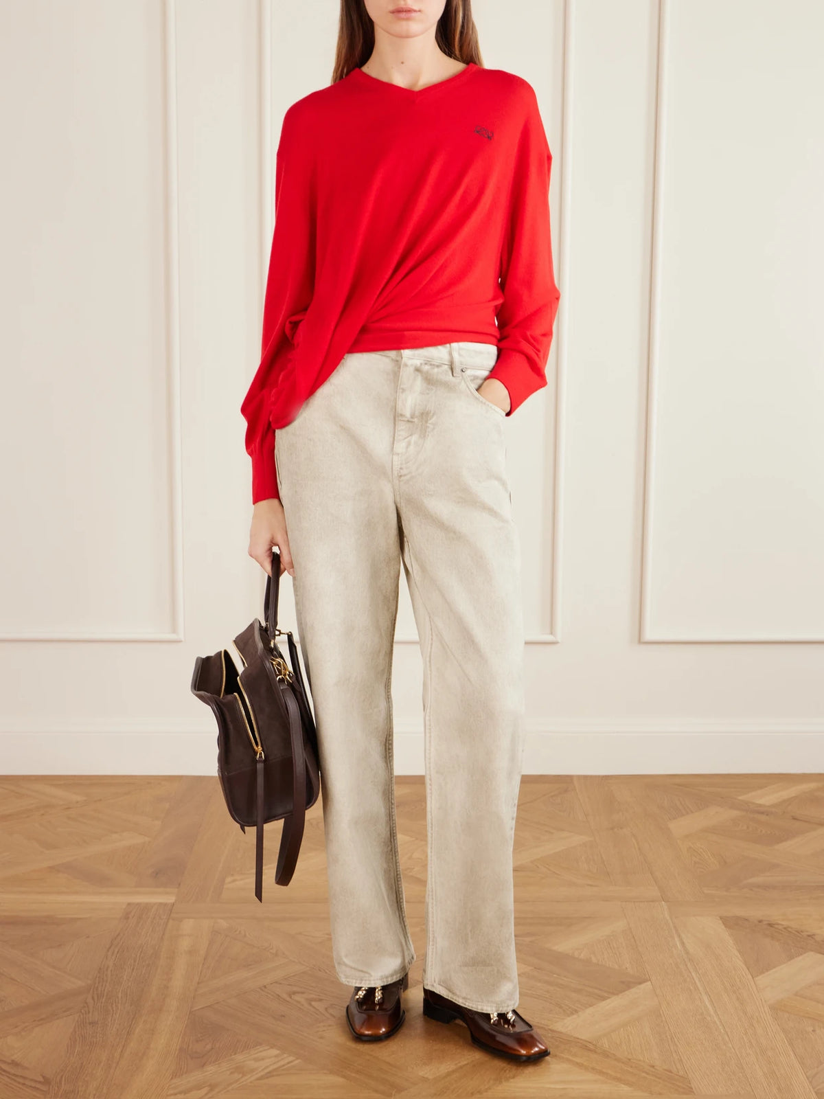 Image of Bags. Product name - Amazona Leather-trimmed Suede Tote in Dark brown colour by brand - LOEWE