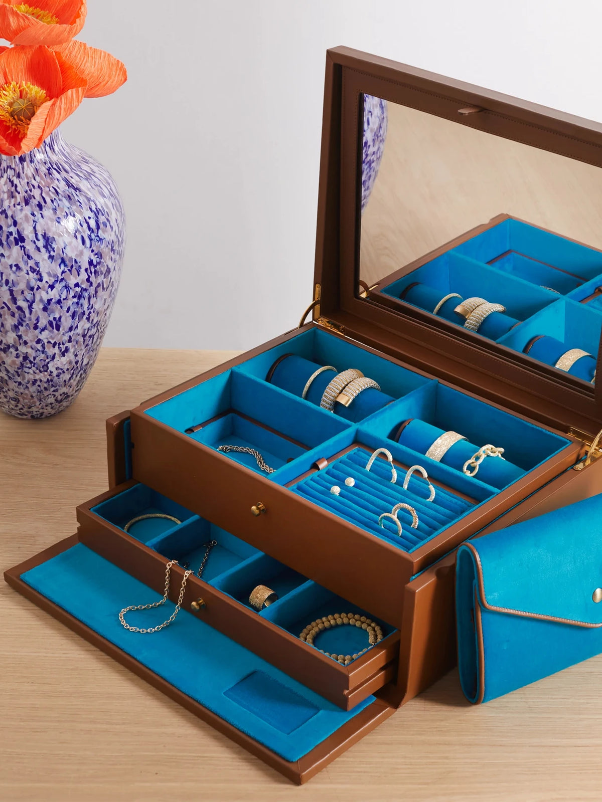 Image of Decor. Product name - + Pineider Printed Leather Jewelry Box in Brown colour by brand - Carolina Bucci