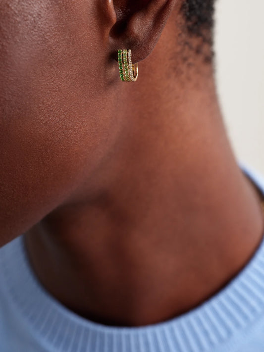 Image of Earrings. Product name - Triple 14-karat Gold, Garnet And Diamond Hoop Earrings in Green colour by brand - Roxanne First