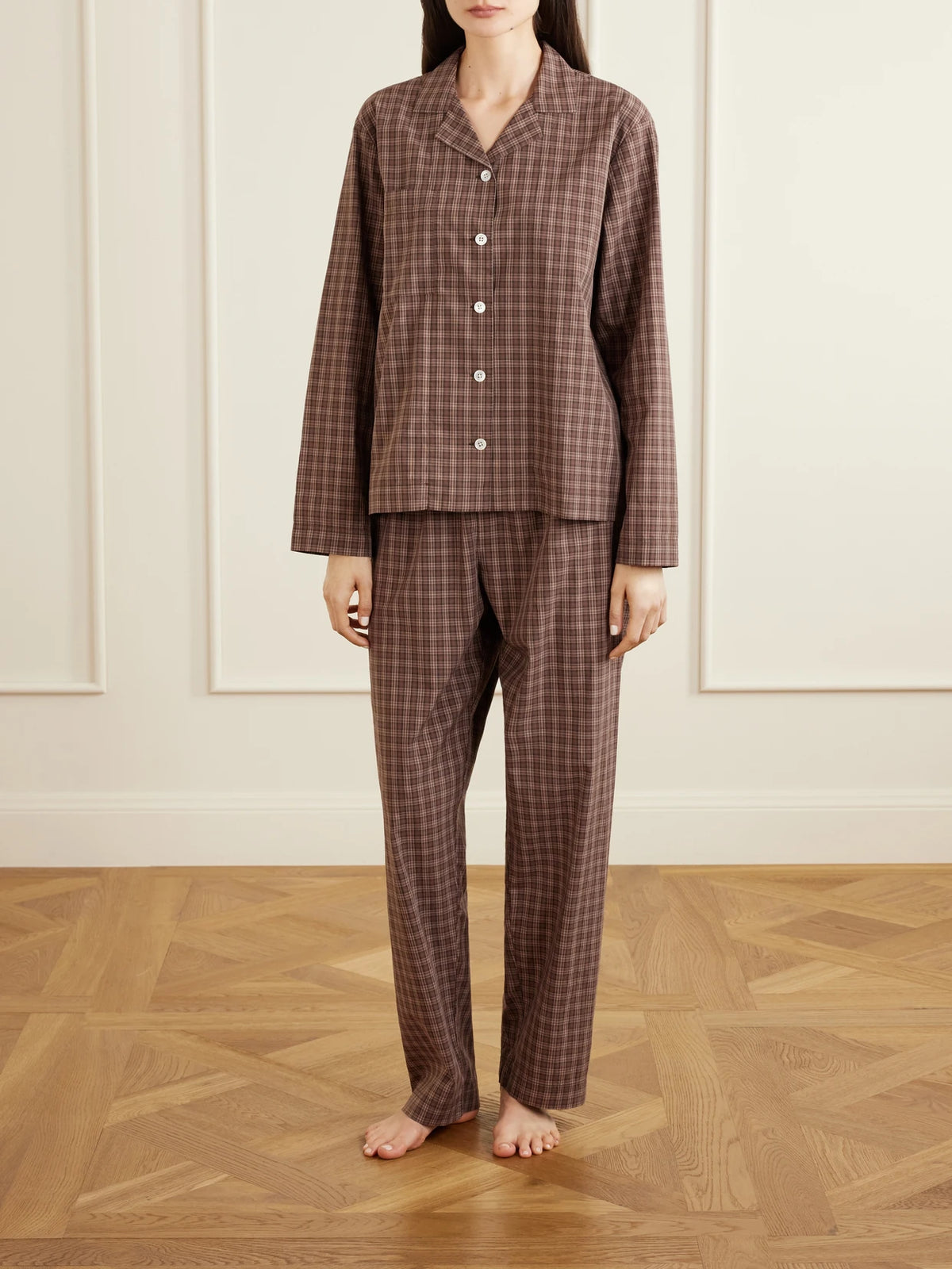 Image of Lingerie. Product name - Checked Organic Cotton Pajamas Pants in Brown colour by brand - TEKLA