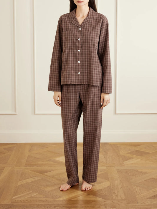 Image of Lingerie. Product name - Checked Organic Cotton Pajamas Pants in Brown colour by brand - TEKLA
