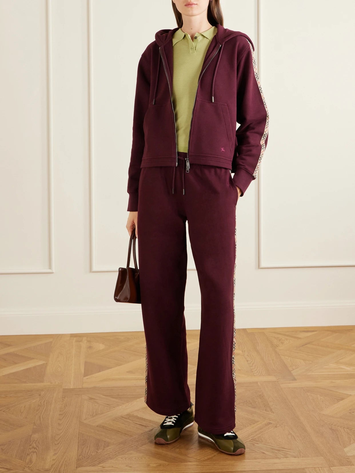 Image of Sleepwear & Loungewear. Product name - Harper Checked Cotton-jersey Zip-up Hoodie in Burgundy colour by brand - Burberry