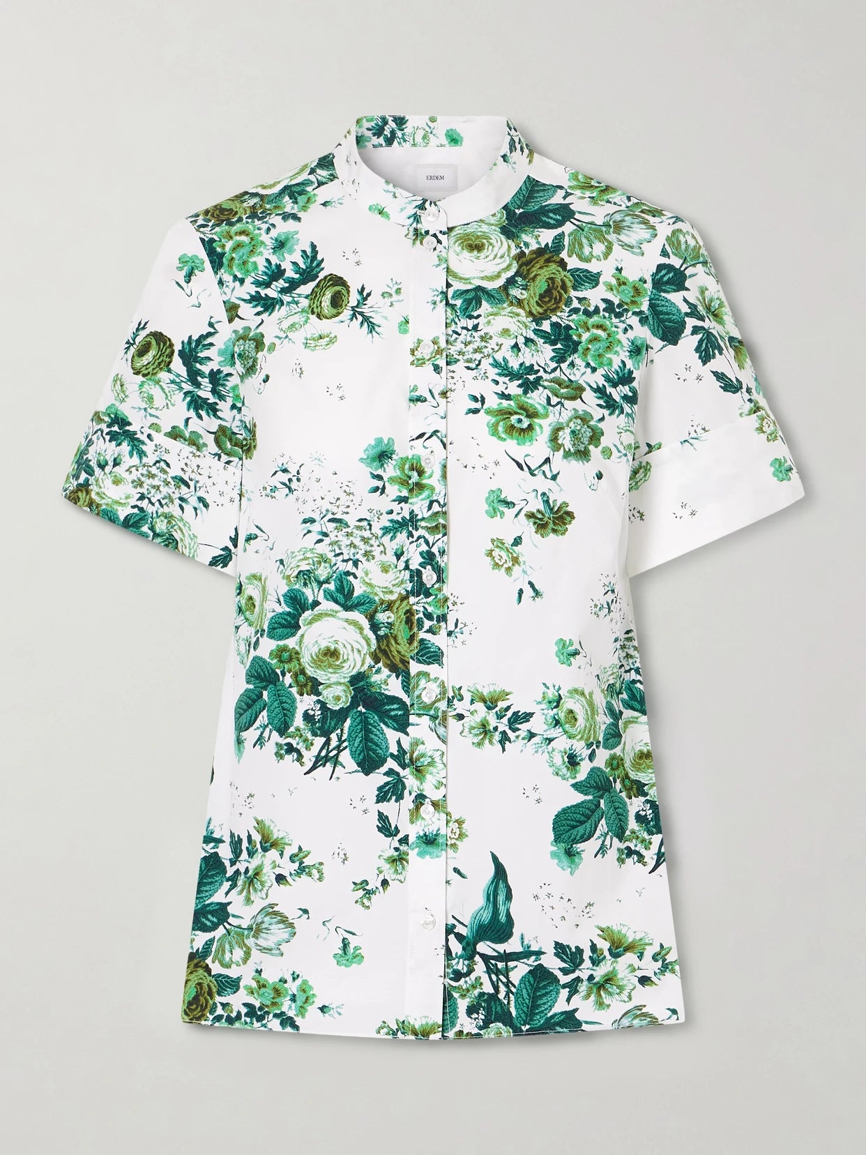 Image of a model wearing Tops. Product name - Floral-print Cotton-poplin Shirt in Mint colour by brand - Erdem