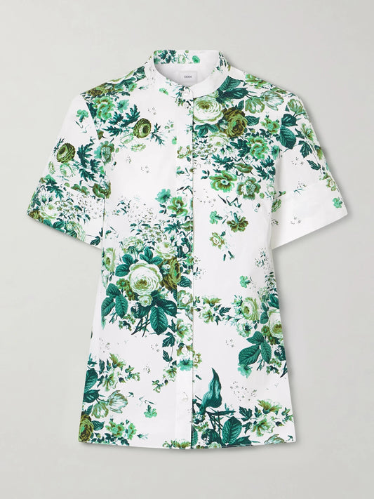 Image of a model wearing Tops. Product name - Floral-print Cotton-poplin Shirt in Mint colour by brand - Erdem