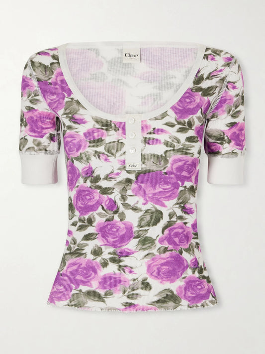Image of a model wearing Tops. Product name - Floral-print Ribbed Stretch-cotton Jersey T-shirt in Purple colour by brand - Chloé