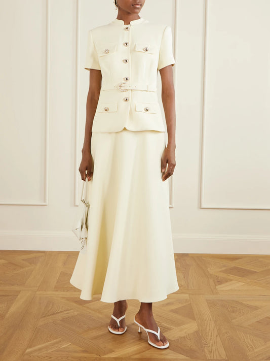 Image of Dresses. Product name - Belted Embellished Crepe Midi Dress in Yellow colour by brand - Self-Portrait