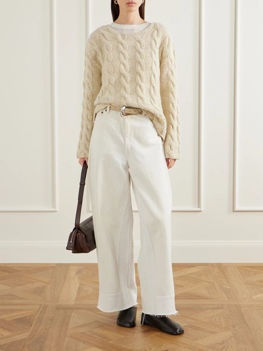 Image of a model wearing Outerwear. Product name - Cable-knit Wool Sweater in Ivory colour by brand - B SIDES