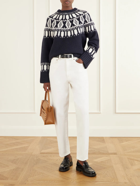 Image of a model wearing Outerwear. Product name - Jackson Fair Isle Cashmere Sweater in Navy colour by brand - Arch4