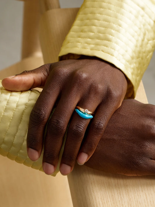 Image of Rings. Product name - Boa Stackable Set Of Two 18-karat Gold, Diamond And Turquoise Rings in Multi colour by brand - L'Atelier Nawbar