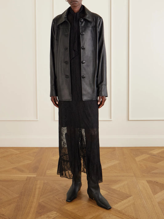 Image of Coats & Jackets. Product name - Paneled Leather Jacket in Black colour by brand - Anna Sui