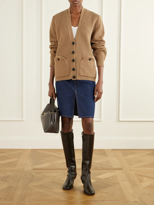 Image of a model wearing Outerwear. Product name - Highland Uda Ribbed Wool And Cashmere-blend Cardigan in Camel colour by brand - BLAZÉ Milano