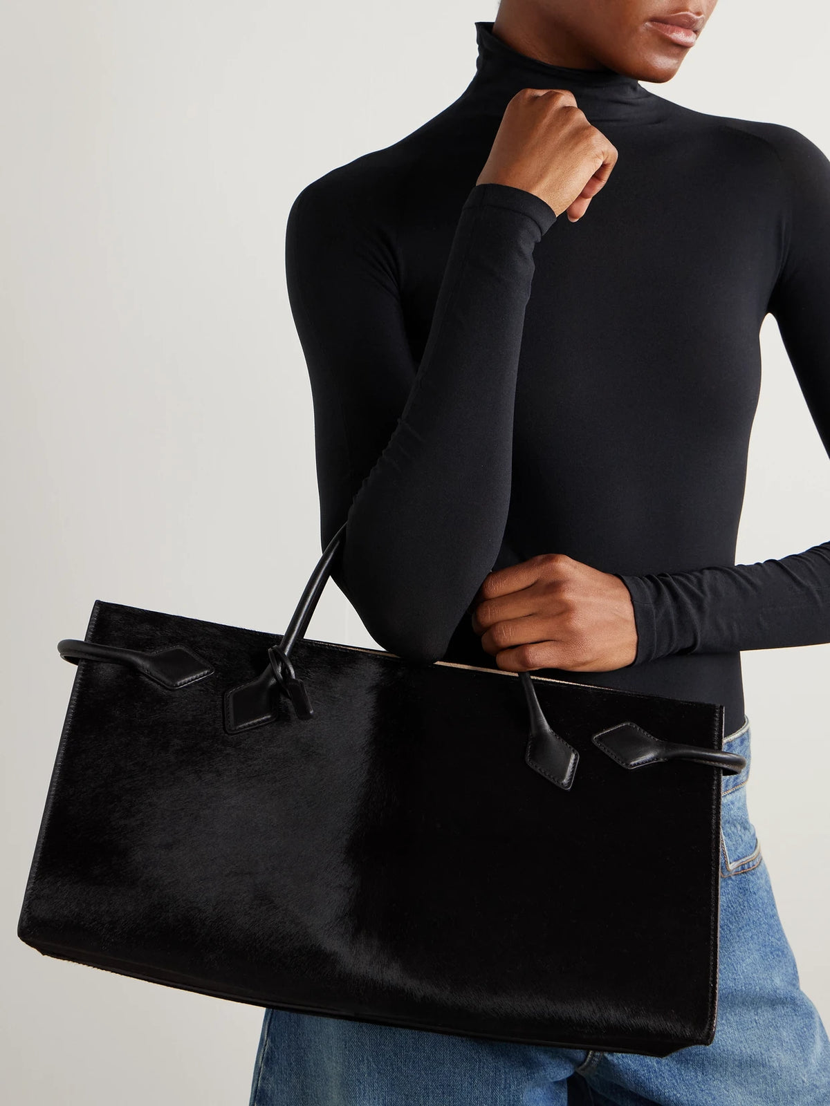Image of Bags. Product name - Le Teckel Large Leather-trimmed Calf Hair Tote in Dark brown colour by brand - Alaïa