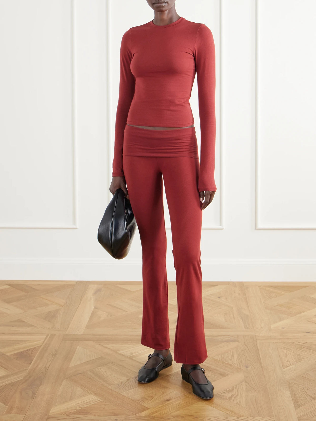 Image of Sleepwear & Loungewear. Product name - Foldover Stretch-cotton Jersey Flared Pants in Merlot colour by brand - SKIMS