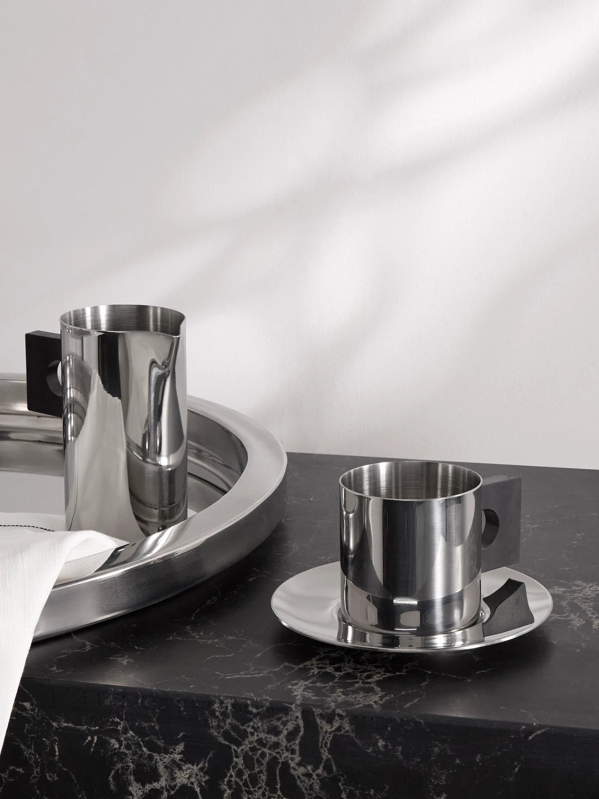 Image of Tableware. Product name - + Sophia Roe S. r. Collection Stainless Steel Cup And Saucer Set in Silver colour by brand - LOUISE ROE
