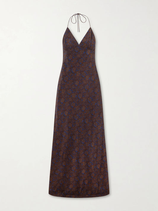 Image of Dresses. Product name - Open-back Printed Silk-crepe De Chine Halterneck Maxi Dress in Brown colour by brand - Matteau