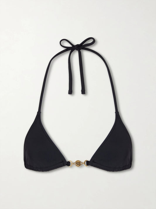 Image of Swimwear. Product name - Logo-embellished Bikini Top in Black colour by brand - Versace