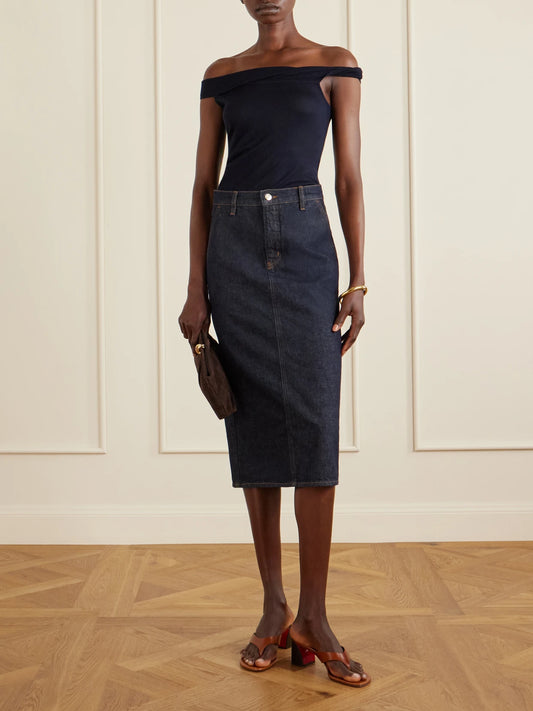 Image of a model wearing Tops. Product name - Off-the-shoulder Silk And Cashmere-blend Top in Navy colour by brand - Arch4