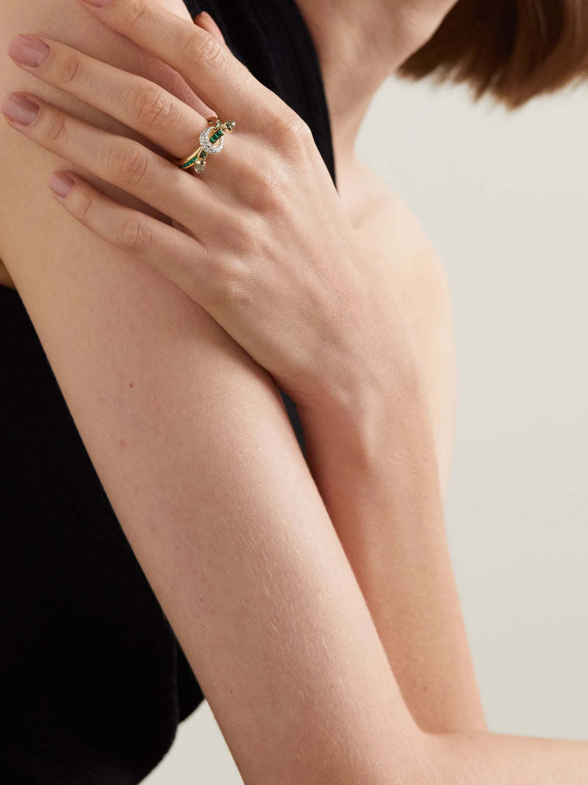 Image of Rings. Product name - Chakra 18-karat Gold Multi-stone Ring in Green colour by brand - Ananya