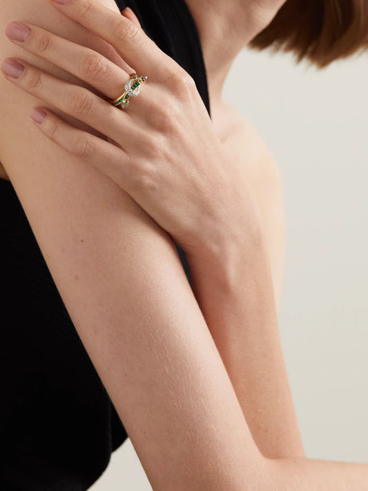 Image of Rings. Product name - Chakra 18-karat Gold Multi-stone Ring in Green colour by brand - Ananya