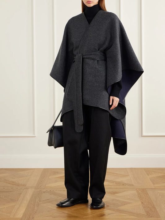 Image of Coats & Jackets. Product name - Dalry Belted Leather-trimmed Two-tone Wool And Cashmere-blend Cape in Charcoal colour by brand - Johnstons of Elgin