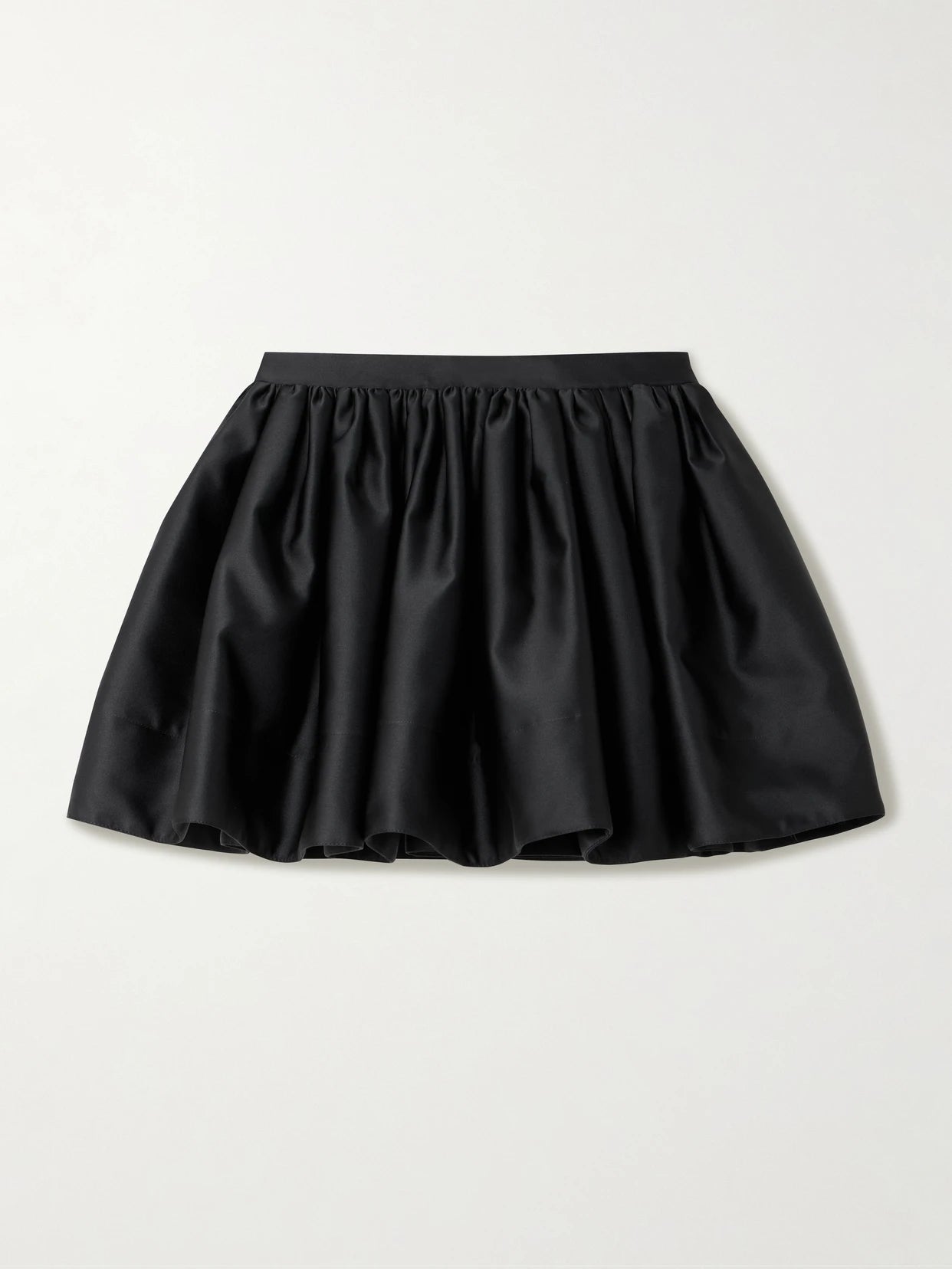 Image of a model wearing Skirts. Product name - Gathered Mikado Mini Skirt in Black colour by brand - RABANNE