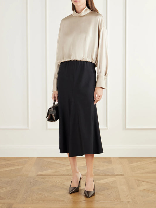 Image of a model wearing Tops. Product name - Gathered Draped Silk-satin Blouse in Beige colour by brand - Brunello Cucinelli
