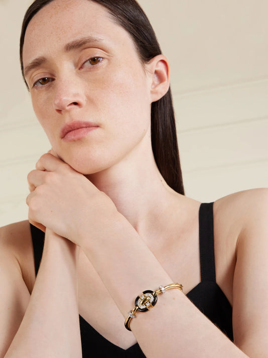 Image of Bracelets. Product name - Unity 18-karat Gold And Platinum, Diamond And Enamel Bracelet in Black colour by brand - DAVID WEBB