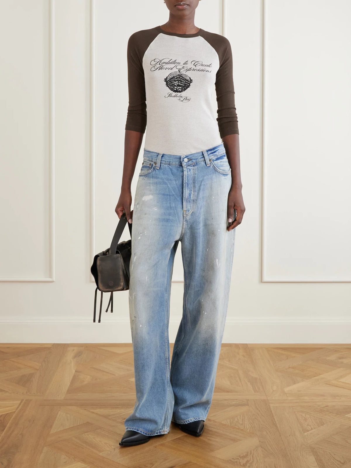 Image of a model wearing Tops. Product name - Printed Cotton-ribbed T-shirt in Beige colour by brand - Acne Studios