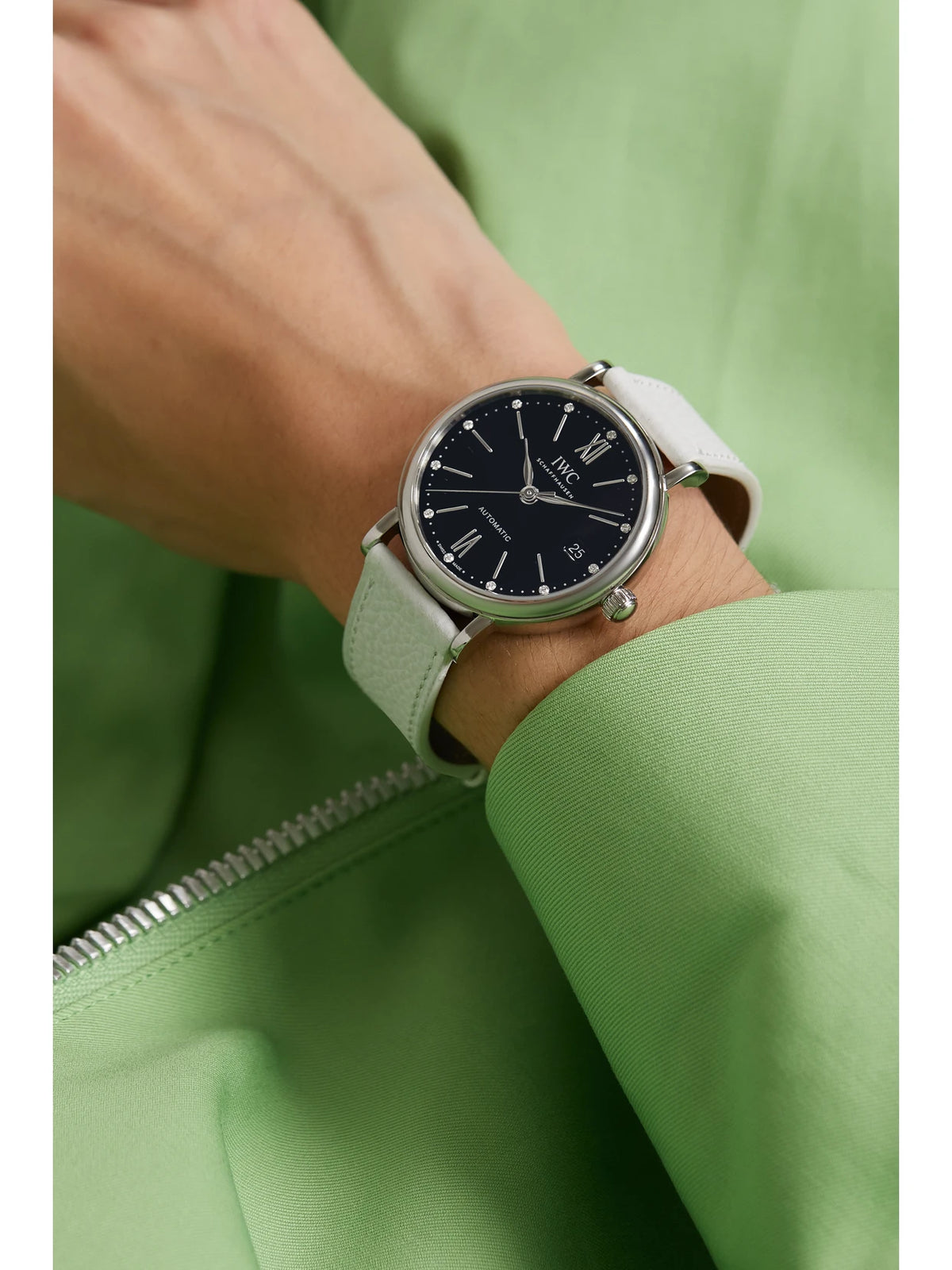 Image of Watches. Product name - Portofino Automatic 37mm Stainless Steel, Textured-leather And Diamond Watch in Silver colour by brand - IWC SCHAFFHAUSEN