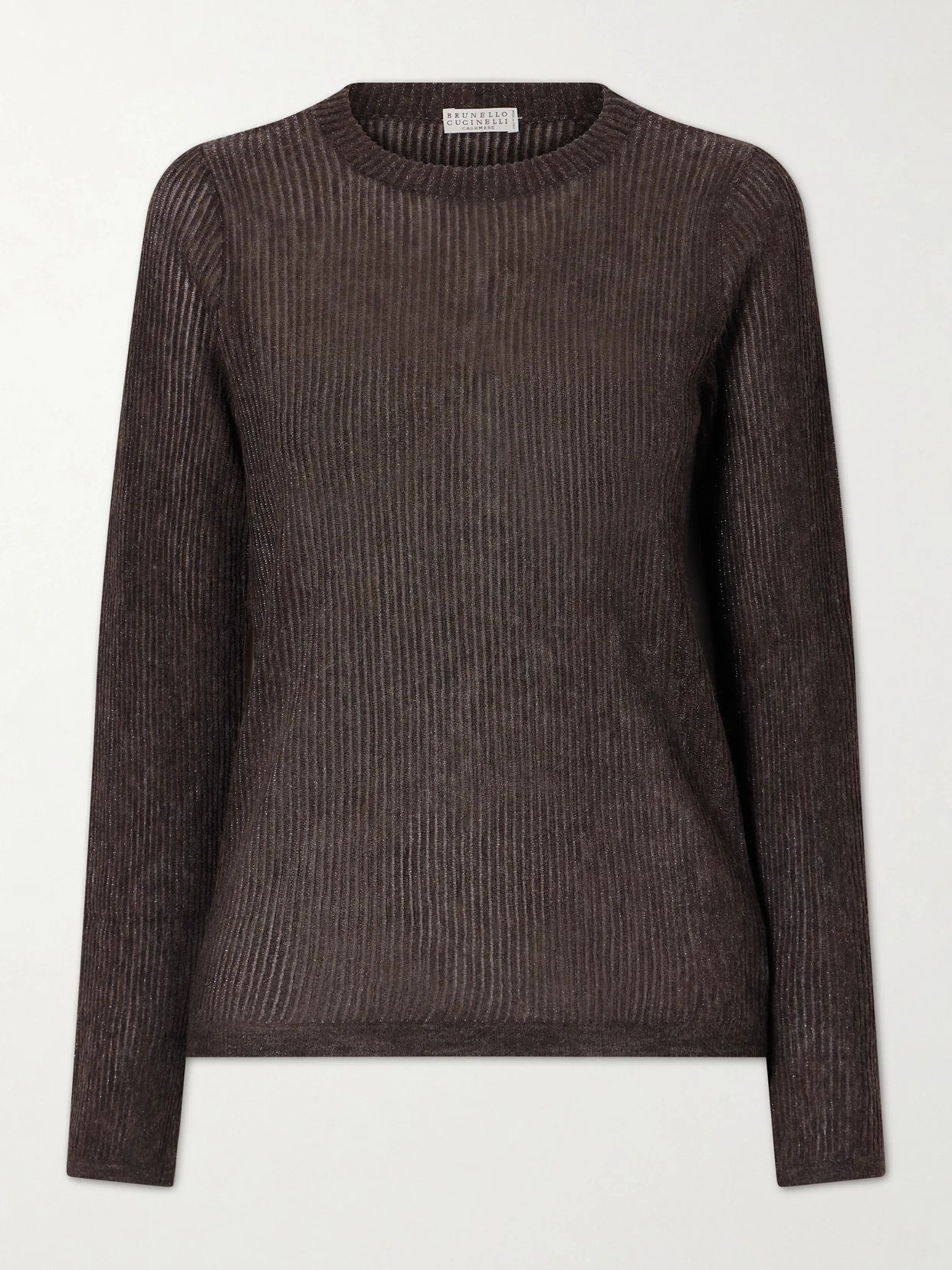 Image of a model wearing Outerwear. Product name - Metallic Silk, Alpaca And Wool-blend Sweater in Dark brown colour by brand - Brunello Cucinelli