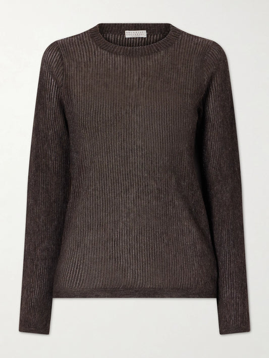 Image of a model wearing Outerwear. Product name - Metallic Silk, Alpaca And Wool-blend Sweater in Dark brown colour by brand - Brunello Cucinelli