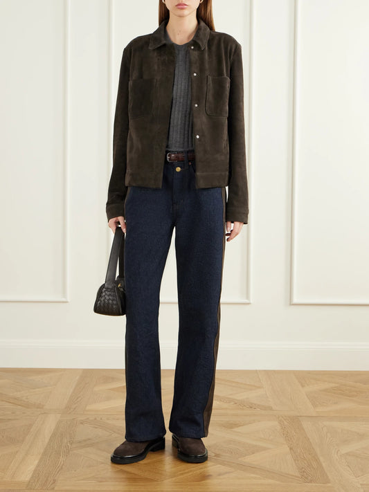 Image of Jeans. Product name - Evan Suede-trimmed Mid-rise Wide-leg Jeans in Indigo colour by brand - B SIDES