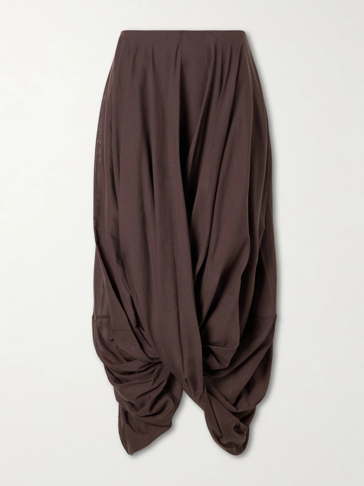 Image of a model wearing Skirts. Product name - Draped Organic Cotton And Lyocell-blend Maxi Skirt in Brown colour by brand - TOTEME