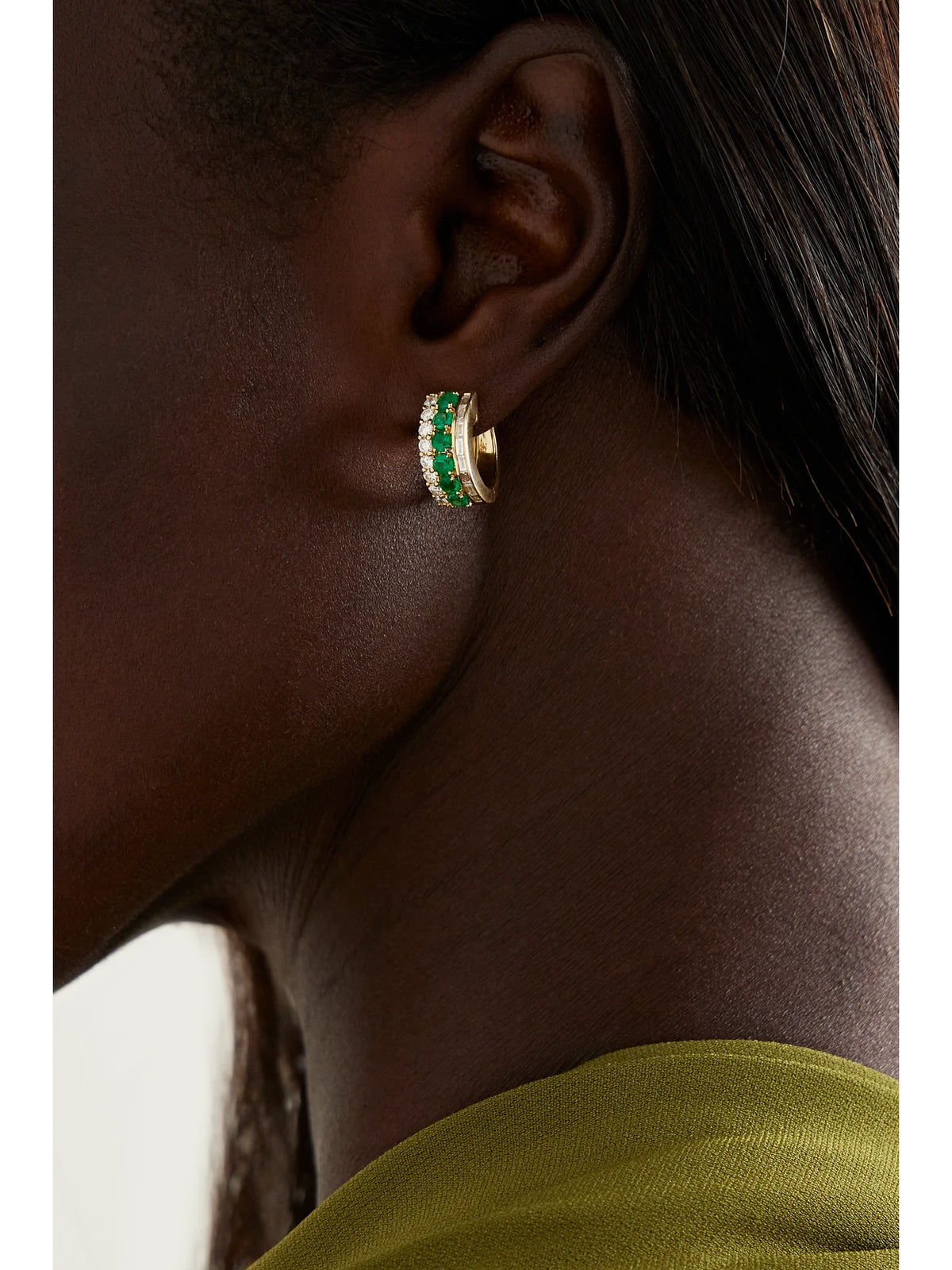 Image of Earrings. Product name - Lola 18-karat Gold, Emerald And Diamond Hoop Earrings in Green colour by brand - Anita Ko