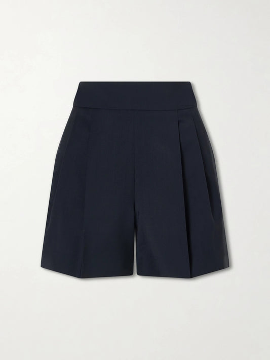 Image of a model wearing Shorts. Product name - Pleated Wool Shorts in Navy colour by brand - Max Mara