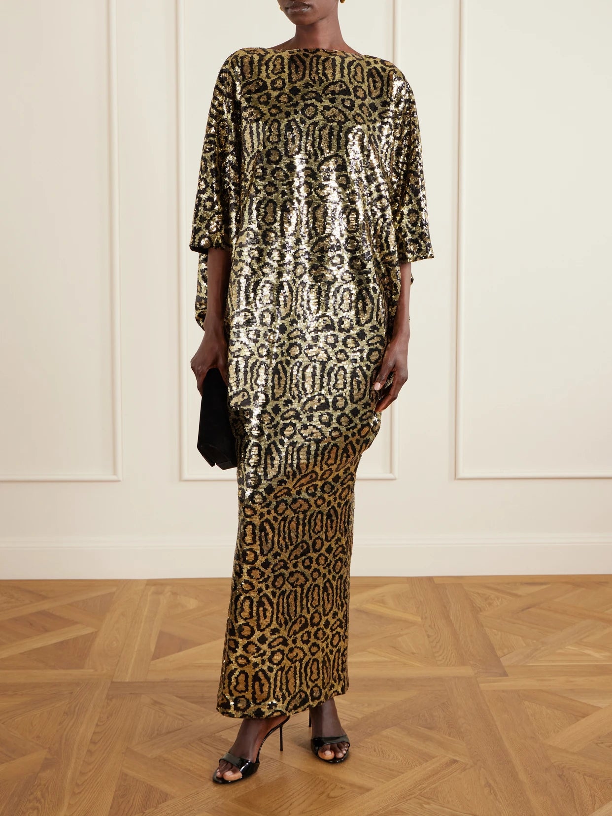 Image of Dresses. Product name - Truman Animalier Kaftan In Black-gold Animal-print Sequined Mesh Gown in Leopard print colour by brand - Taller Marmo