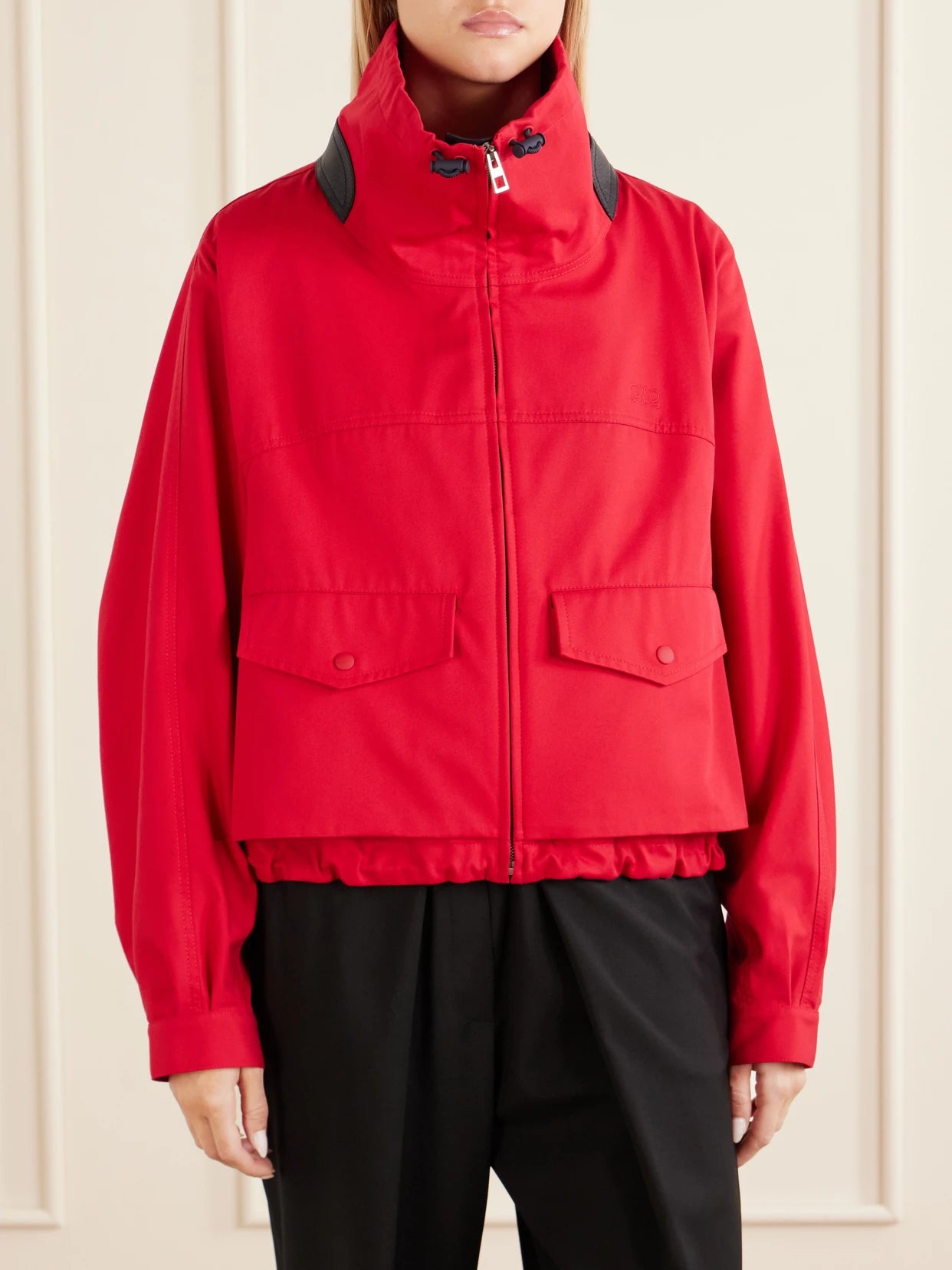 Leather-trimmed Anagram-embroidered Cropped Cotton And Silk-blend Gabardine Jacket