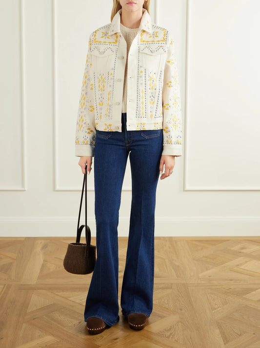 Image of Coats & Jackets. Product name - The Bruiser Appliquéd Studded Denim Jacket in Cream colour by brand - Mother