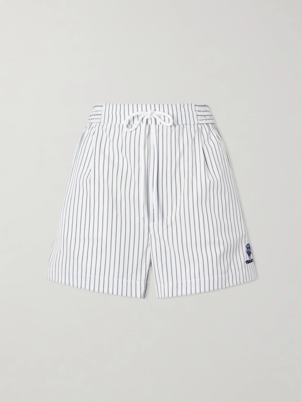 Image of a model wearing Shorts. Product name - + Wimbledon Logo-embroidered Striped Cotton Shorts in Blue colour by brand - Polo Ralph Lauren