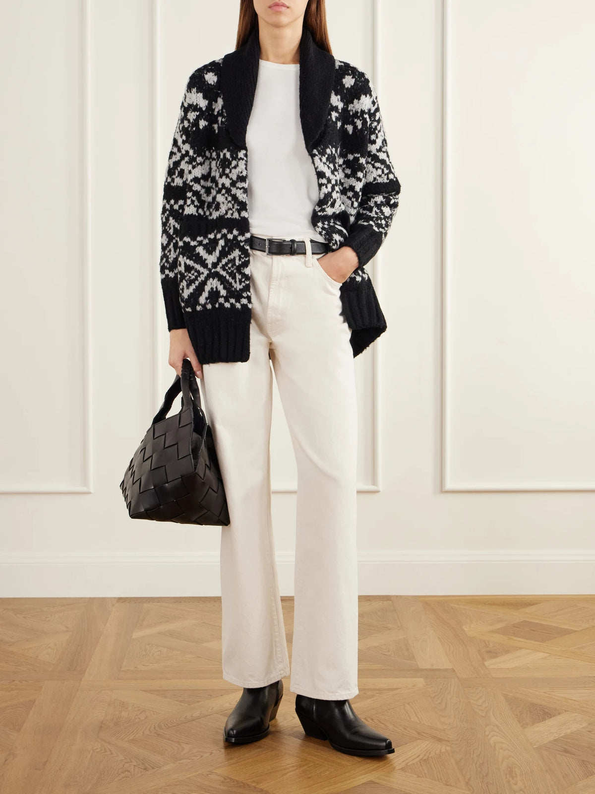 Image of a model wearing Outerwear. Product name - Fair Isle Intarsia-knit Wool-blend Cardigan in Black colour by brand - James Perse