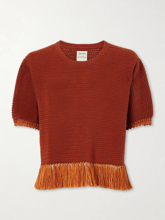 Amada Fringed Crocheted Cotton T-shirt