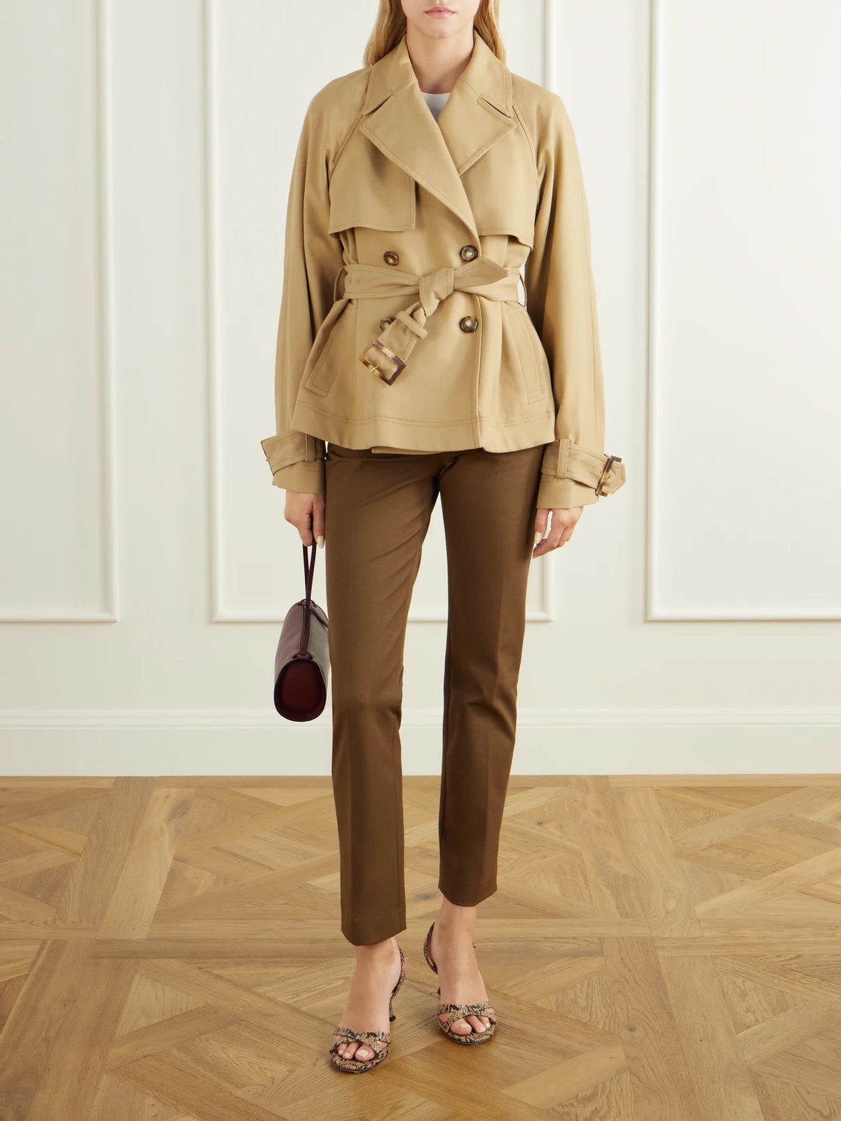 Image of a model wearing Pants. Product name - New Coleman Cotton-blend Gabardine Straight-leg Pants in Taupe colour by brand - Joseph